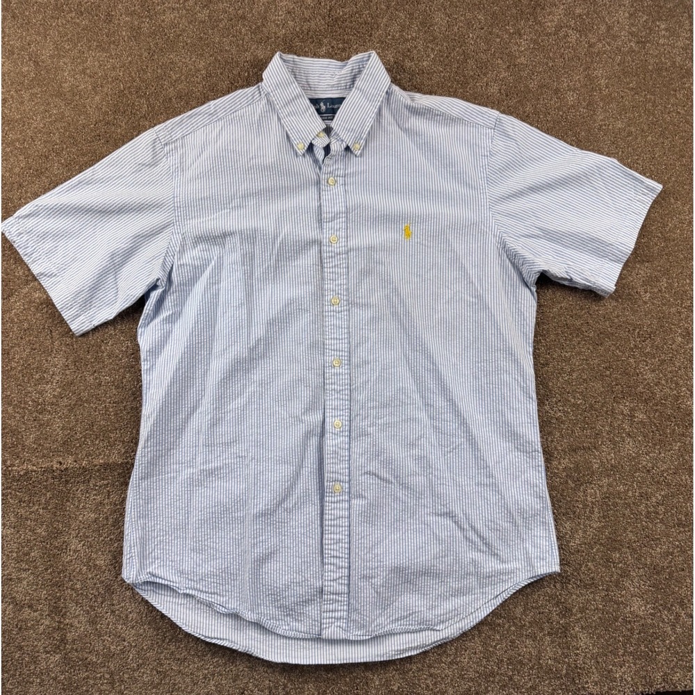 Ralph Lauren Mens Large Classic Fit Seersucker Short Sleeve Striped Shirt Blue - Picture 2 of 9